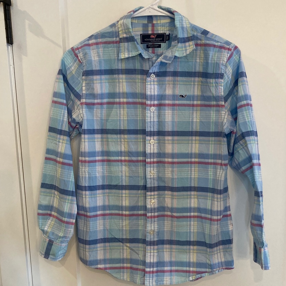 Vineyard Vines Boy’s Blue Plaid Button-Down Shirt with Pink and Yellow Accents